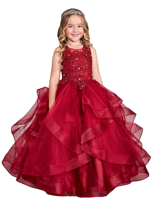 Girls Multi Color Illusion Neckline Lace Applique Trim Pageant Dress 2-12 - SophiasStyle.com